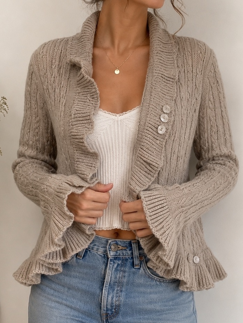 Vintage Pure Handknit 100% Cotton Open Front Cardigan Canada S/M Ruffled Hem